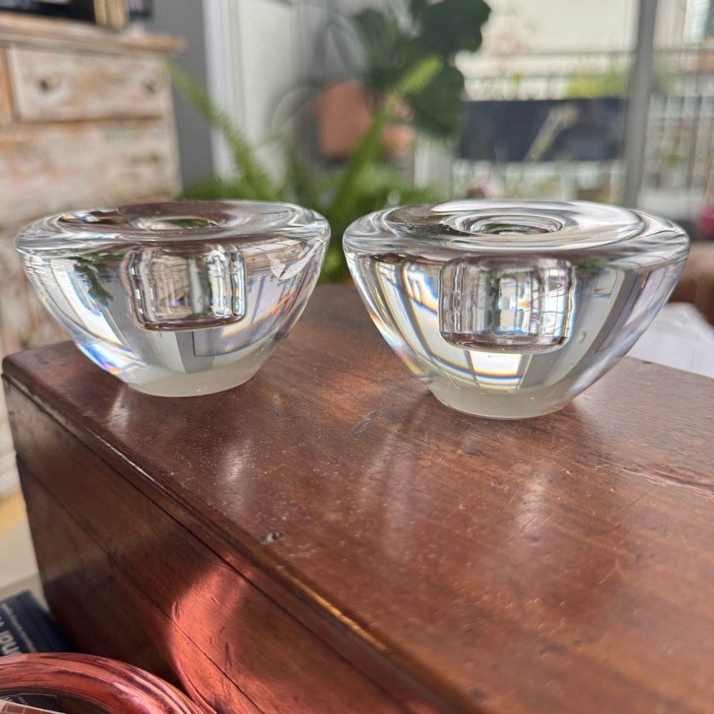 Orrefors Swedish Crystal Glass Puck Candlestick Holders Signed Vintage